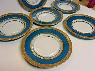 Vintage Elegant Glass Plates with Blue and Gold Encrusted Border Set 6 2