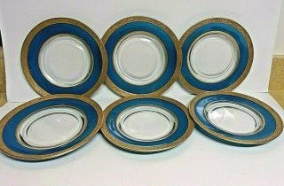 Vintage Elegant Glass Plates with Blue and Gold Encrusted Border Set 6 3