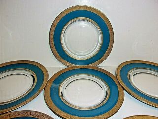 Vintage Elegant Glass Plates with Blue and Gold Encrusted Border Set 6 4