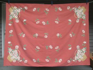Large Vintage Flower Basket Cotton Print Tablecloth - 58 X 78 " Rusty Brown