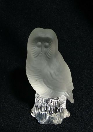 Vintage Frosted Art Glass Owl On Clear Tree Base Crystal Paperweight