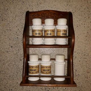 Vintage Wooden Spice Rack With Set Of 6 Milk Glass Spice Jars