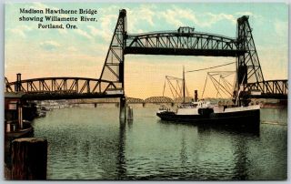 Oregon Or Portland Madison Hawthorne Bridge Ship Boat Old Vintage Postcard Pc B4