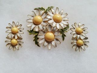 Vintage Signed Weiss Enamel Brooch Pin And Earring Flowers Set