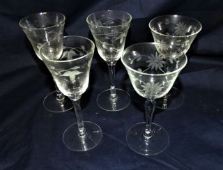 5 Clear Glass Vtg Wheel Etched Floral Port Wine Cordial Aperitif Sherry Glass 5 "