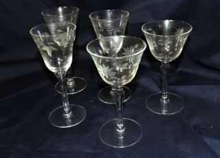 5 Clear Glass VTG Wheel Etched Floral Port Wine Cordial Aperitif Sherry Glass 5 