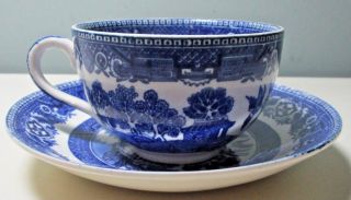 Vintage Alfred Meakin " Old Willow Blue " Flat Cup & Saucer Set Made In England