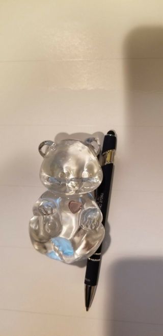 Teddy Bear Vintage Clear Crystal Glass Figurine W/ Colored Heart Fenton Logo