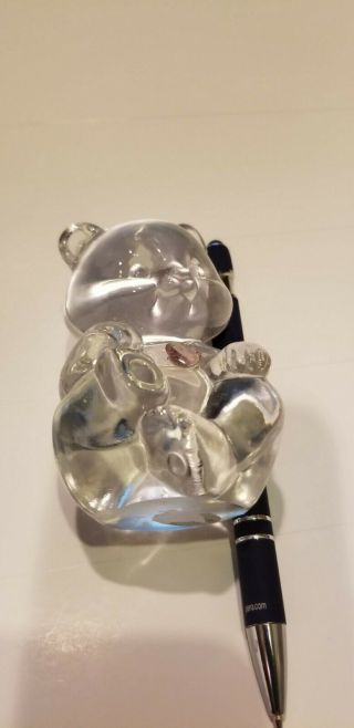 Teddy Bear Vintage Clear Crystal Glass Figurine w/ colored Heart Fenton Logo 2