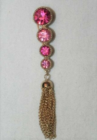 Vintage Sarah Coventry Pink Rhinestone Pin Gold Tone Tassel Chain Brooch 