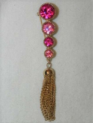 Vintage Sarah Coventry Pink Rhinestone Pin Gold Tone Tassel Chain Brooch ' Saucy ' 2