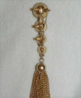 Vintage Sarah Coventry Pink Rhinestone Pin Gold Tone Tassel Chain Brooch ' Saucy ' 3