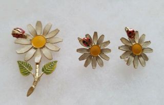 Vintage Signed Accessocraft Nyc Flower Ladybug Enamel Pin Brooch Earrings Set
