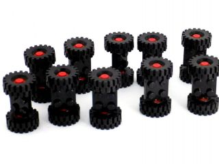 10 Lego Vintage Wheels Black Axle Plate 2 X 2 Red Hub Medium Offset Tyre