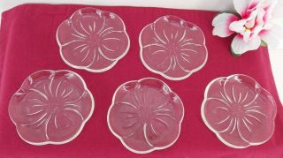 5 Pc Vtg Clear Pressed Glass Coasters Hibiscus Shape Flower Design