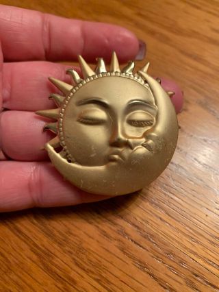 Vintage Gold Tone Jj Signed Moon & Sun Brooch Pin