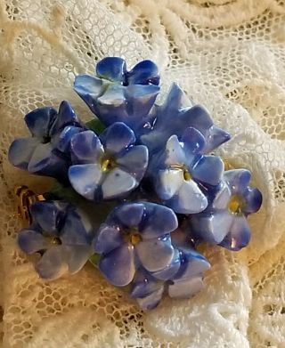 Vintage England Bone China Flowers Hand Painted Brooch Pin Blue Forget Me Nots