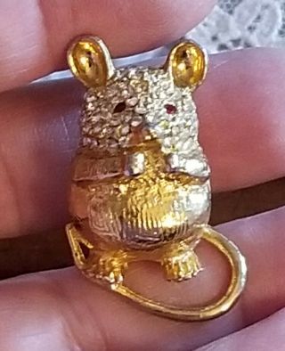 Cute Fat Mouse Brooch Pin Vintage Clear Glass Pave Rhinestone Heavy Goldtone