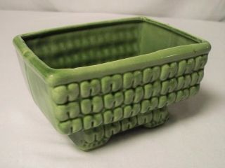 Vintage Green Embossed Pottery Footed Vase Planter - Vgc