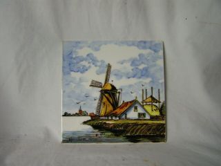 Vintage Dutch Delft Pottery Tile • Hand Painted Windmill Design 6 " X 6 "