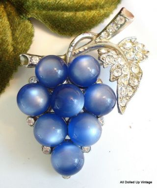 Vintage Coro Silver Tone Grape Cluster Brooch Blue Moon Balls Clear Rhinestones