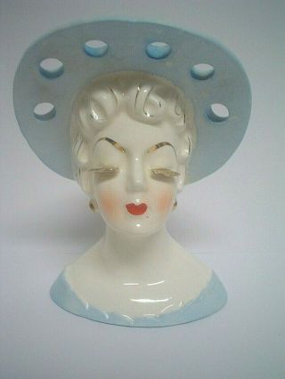 Vintage Lady Head Vase With Pierced Blue Hat Gold Accents