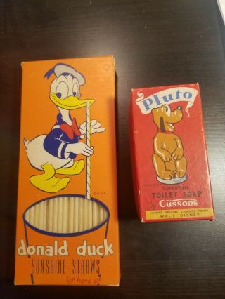 Vintage Disney Donald Duck Collectible Sunshine Straws & Pluto Cussons Soap Box