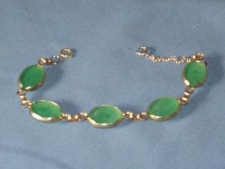 Vintage Gold - Tone Metal Green Glass Cabochon Bracelet 2