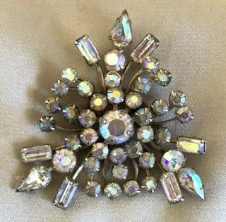 Vintage Aurora Borealis And Clear Triangular Rhinestone Brooch Pin