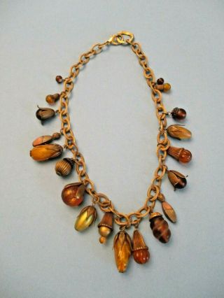 Vtg Kate Hines Chunky Chain Necklace Couture Amber Glass Faceted Brass 80 
