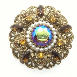 Vintage Ornate Flower Brooch Pin Amber Glass Marquise Ab Rhinestone Faux Pearl