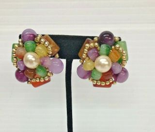Vintage Gold Tone Beaded Color Stones And Pearl Color Clip On Fashion Earrings