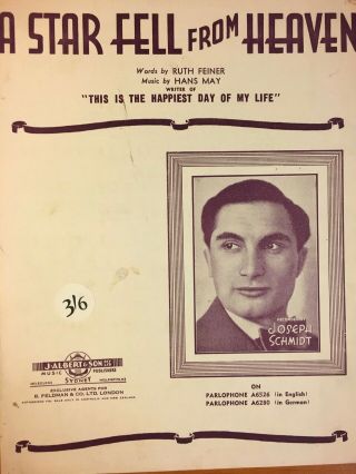 Joseph Schmidt - A Star Fell From Heaven - Vintage Sheet Music Australia (m435)