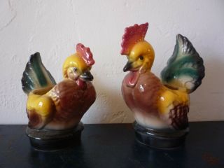 Vintage Pair Ceramic Chicken Rooster Planters Maddux (?) California Bird 1950s