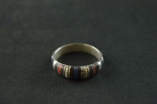 Vintage Sterling Silver Band Ring W Onyx Blue & Red Enamel - 4g