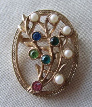 Vintage Gold Tone Sarah Coventry Brooch With Blue Rhinestones And Faux Pearls