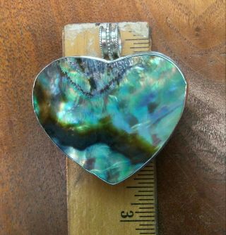 Vintage Kit Heath Signed Large Sterling Silver Heart Pendant With Abalone Inlay