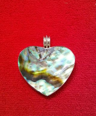 Vintage Kit Heath Signed Large Sterling Silver Heart Pendant with Abalone Inlay 2