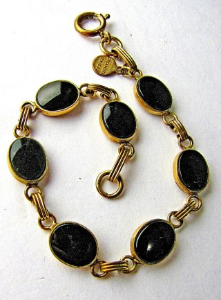 Vintage Signed Catamore 12k Gf Gold Filled Onyx Link Costume Fashion Bracelet