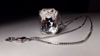 Vtg Large Swarovski Swan Mark Cut Clear Crystal Silver Rhodium Long Necklace 32 "