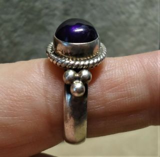Vintage Sterling Silver Amethyst Cabochon Beaded Ring - Size 8.  5