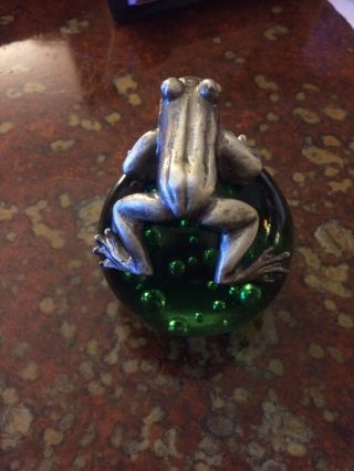 Vintage Handblown Glass Paperweight With Pewter Tree Frog