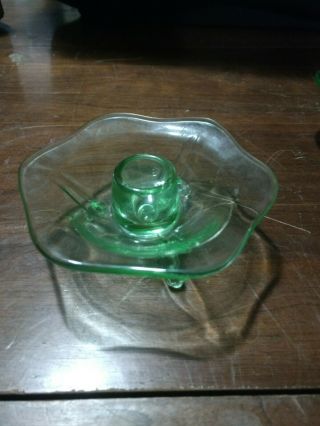 2 Vintage Footed green depression glass candle holders.  SHV2 3