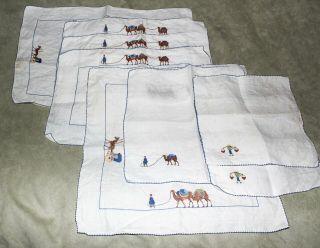 Vintage Acs Table Linens (8) Embroidered Camels Water Carriers Various Sizes