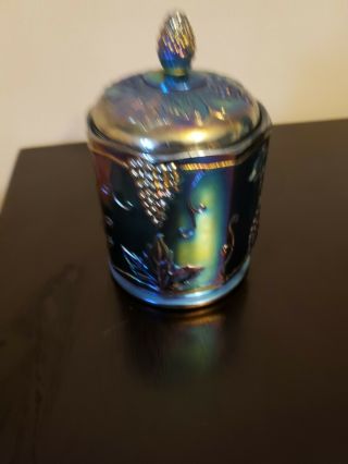 Carnival Glass Covered Dish Vintage Blue Grape Compote Jar