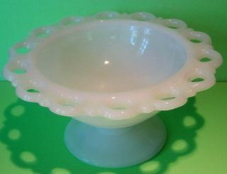 Vintage White Milk Glass Lace Edge Pedestal Footed Candy Dish Compote Bowl 7 " W