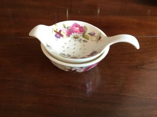 Vintage Porcelain Tea Strainer And Bowl With Pink,  Purple & White Flowers