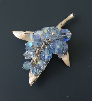 Unique Vintage Blue Glass Cluster Flower Pin Brooch In Silver Tone Metal