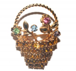 Vintage Gold Tone Multi Colored Stone Easter ? Basket Pin Pinback Brooch