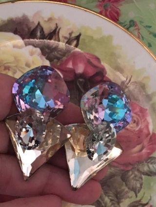 Ginormous Vintage Foil Back Ab Watermelon? Rhinestone Clip On Earrings Fab